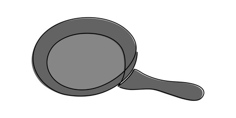 Frying pan one line art, hand-drawn kitchenware continuous drawing contour. Teflon non-stick cookware, cooking utensils food preparation home-cooked cuisine outline minimalist symbol. Editable stroke.