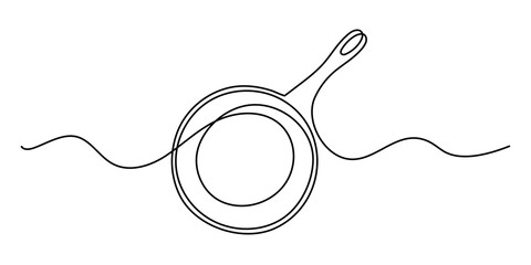 Frying pan one line art, hand-drawn kitchenware continuous drawing contour. Teflon non-stick cookware, cooking utensils food preparation home-cooked cuisine outline minimalist symbol. Editable stroke.