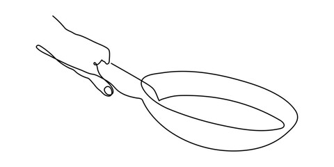 Hand holds frying pan one line art, hand-drawn kitchenware continuous drawing contour. Teflon non-stick cookware, chef's palm cooking utensils food preparation home-cooked cuisine. Editable stroke. 
