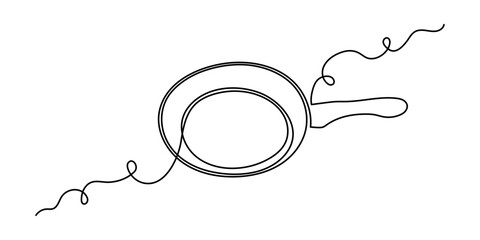 Frying pan one line art, hand-drawn kitchenware continuous drawing contour. Teflon non-stick cookware, cooking utensils food preparation home-cooked cuisine outline minimalist symbol. Editable stroke.