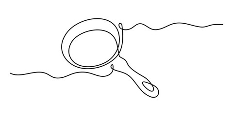 Frying pan one line art, hand-drawn kitchenware continuous drawing contour. Teflon non-stick cookware, cooking utensils food preparation home-cooked cuisine outline minimalist symbol. Editable stroke.