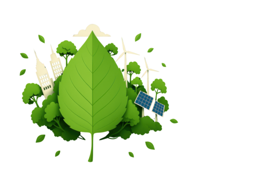 Green leaf with buildings, trees, solar panel and wind turbines isolated PNG with Transparent Background - Powered by Adobe