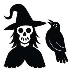 witch raven skull silhouette vector illustration