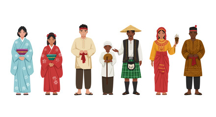 A diverse group of people in traditional attire from various cultures around the world, showcasing global heritage and unity
