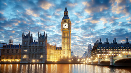 Fototapeta premium Big Ben clock tower illuminated against twilight sky, reflecting in river