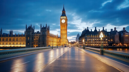 Naklejka premium Big Ben clock tower illuminated twilight, showcasing stunning architecture and serene atmosphere