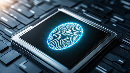 Close up of biometric fingerprint scanner glowing blue dark background, showcasing technology