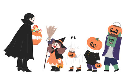 Halloween Trick or Treat Scene with Costumed Characters