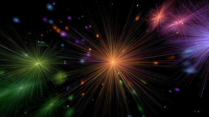 Fototapeta premium Colorful star shaped fireworks burst in dark sky, creating vibrant display of light and energy. scene evokes excitement and celebration, with various hues illuminating night