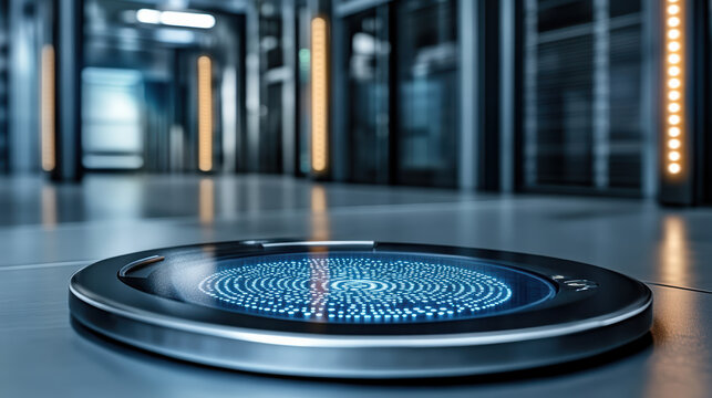Close up of biometric fingerprint scanner glowing blue in modern data center