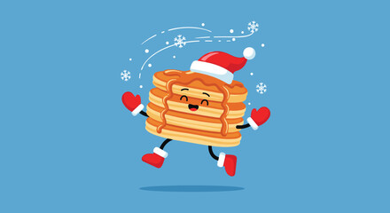 A happy stack of pancakes wearing a santa hat and mittens dances in the snow.