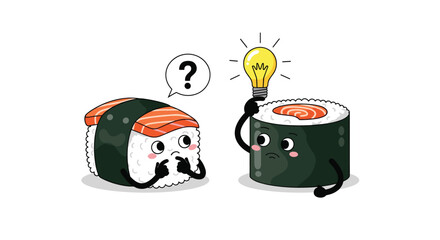 Cute sushi characters with a question mark and a lightbulb moment.
