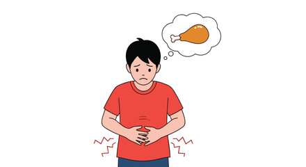 A young boy holds his stomach in pain while thinking about food.