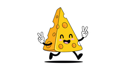 Happy cartoon cheese character running with peace signs.