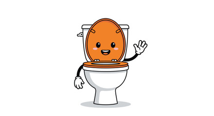 A happy cartoon toilet waving hello with its hand and a friendly smile.