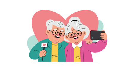 A lovely elderly couple taking a selfie with a heart in the background.