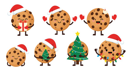 Cute Christmas cookies with Santa hats and festive decorations are ready for the holidays.