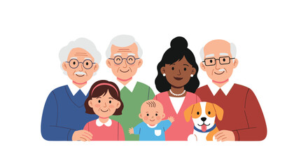 A multi-generational family and their beloved pet dog enjoy a happy moment together.