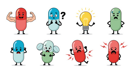 Animated cartoon characters of pills and capsules depicting various emotions and states.
