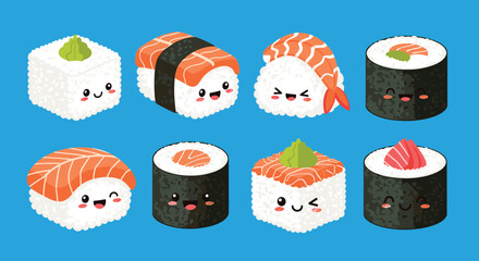 Cute cartoon sushi characters with happy faces on a blue background.