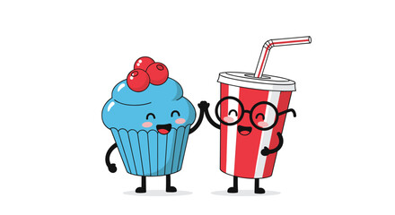 Two cute cartoon characters a cupcake and a soda giving each other a high five.