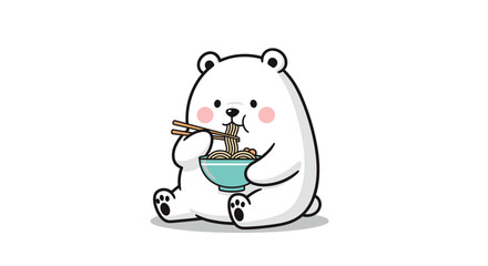 A cute polar bear enjoying a delicious bowl of noodles with chopsticks.
