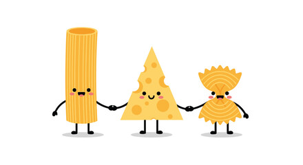 Three friends pasta and cheese holding hands on white background.