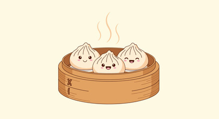 Cute kawaii steamed dumplings with happy faces in a bamboo basket. 