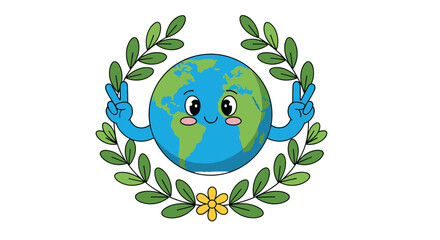 Cute cartoon planet earth with peace signs and laurel wreath.