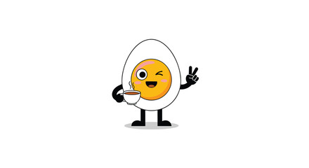 A cute hard boiled egg character holding a coffee cup and giving a peace sign.