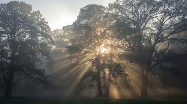 Dramatic Sun Beams Piercing Through Thick Morning Fog in a Forest

