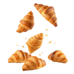 Delicious golden croissants floating in air, showcasing their flaky texture and buttery layers, perfect for breakfast or snack