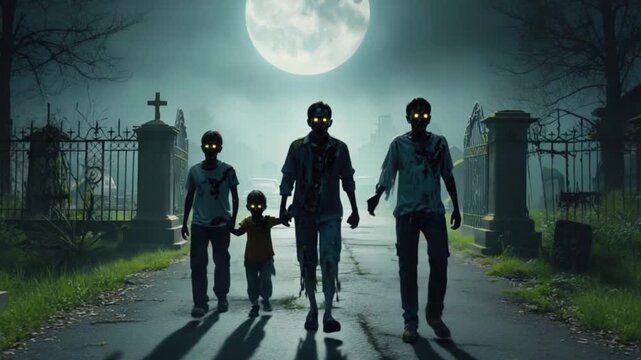 Zombie family walking in a graveyard under a full moon with glowing eyes on a spooky night scene halloween zombie video