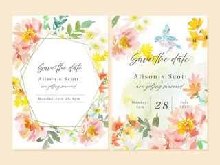 Wedding invitation template set with terracotta orange peonies, wildflowers, and blue birds, painted in watercolor. Hand-drawn floral illustrations for card and stationary. Vector file.