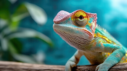 Obraz premium Vibrant chameleon with colorful skin pattern perched on branch, showcasing its unique features