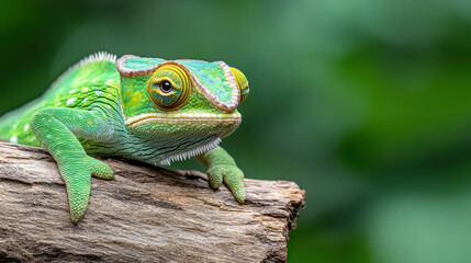 Obraz premium Close up of vibrant chameleon resting on tree branch, showcasing unique colors and textures