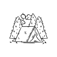 Tent camping in the forest. Doodle hand drawn icon sketch vector illustration