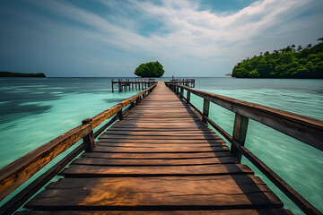Long wooden jetty extending over vivid turquoise water towards a tiny, isolated green island under a dramatic sky.