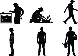 Gardening silhouettes, farming activity, planting crops, watering plants, harvesting produce, sustainable agriculture, nature care, food production, rural lifestyle, illustration