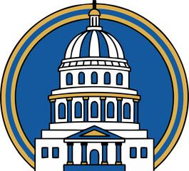 Obraz premium Capitol Dome Landmark Badge Vector – Blue Circular Government Building Icon
