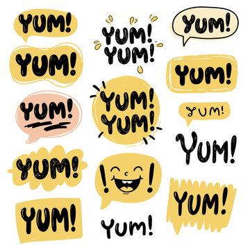 Yum Yum words set. Printable graphic tee. Design doodle for print. Vector illustration. Colorful. Cartoon hand drawn calligraphy style. Yellow Black and white