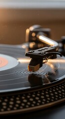 Close up of a vintage turntable needle playing a vinyl record.