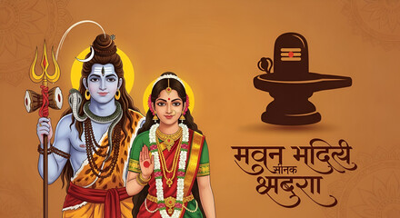 Hindi Lettering Of Happy Maha Shivratri With Lord Shiva And Goddess Parvati During Marriage On Brown Om Namah Shivaya Text Background