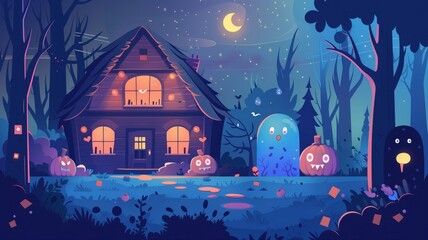 Whimsical Halloween Scene with Haunted House and Ghosts
