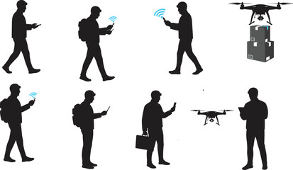 Drone logistics silhouettes, mobile technology, wireless communication, delivery system, modern transportation, package management, innovation, connectivity, smart devices, illustration