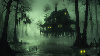 Fototapeta premium Haunting swamp house encounter mysterious wetland dark fantasy art eerie atmosphere low angle supernatural concept