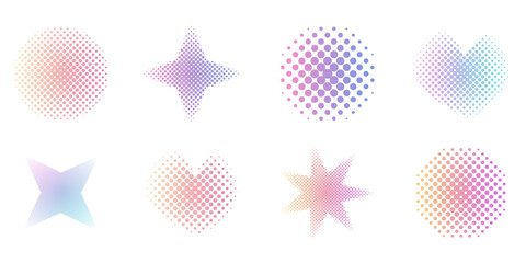 Halftone heart, circle and star set dotted y2k trendy decoration. Gradient retro pixel, grain effect. Pop art style dotted hearts, isolated on white 