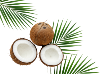 Whole unhusked coconut, halved with transparent flesh and dark inner shell, lush green palm fronds, on a transparent background, soft studio lighting, concept for natural beverages