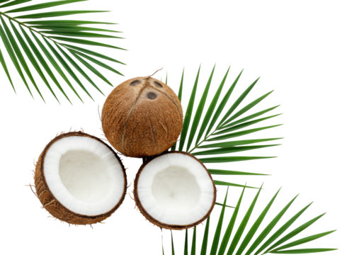 Whole unhusked coconut, halved with transparent flesh and dark inner shell, lush green palm fronds, on a transparent background, soft studio lighting, concept for natural beverages