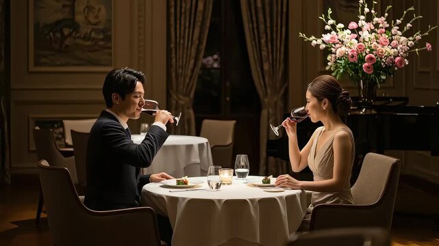 高級レストランで乾杯し、ワインを楽しむカップル